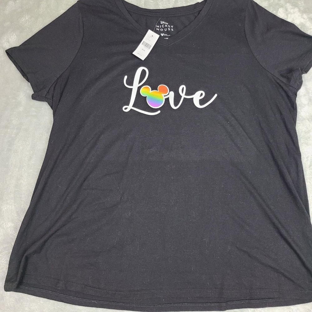 Disney Rainbow LOVE Soft T Shirt Sz: 18/20 Mickey Mouse Black V-Neck NWOT‎